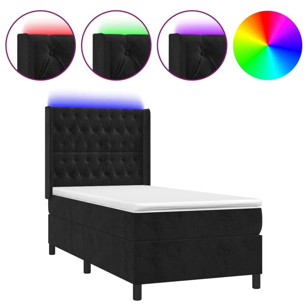 fekete bársony rugós és LED-es ágy matraccal 100x200 cm