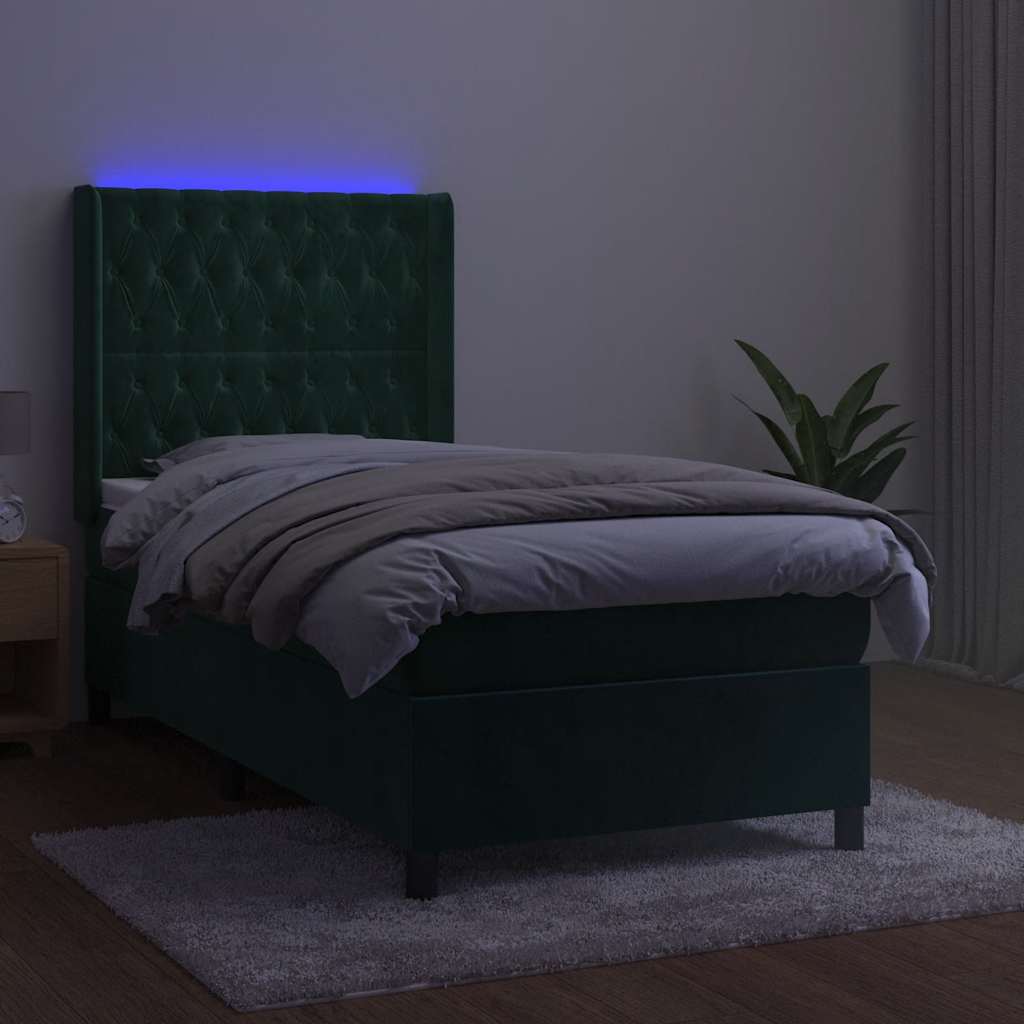 sötétzöld bársony rugós és LED-es ágy matraccal 100x200 cm