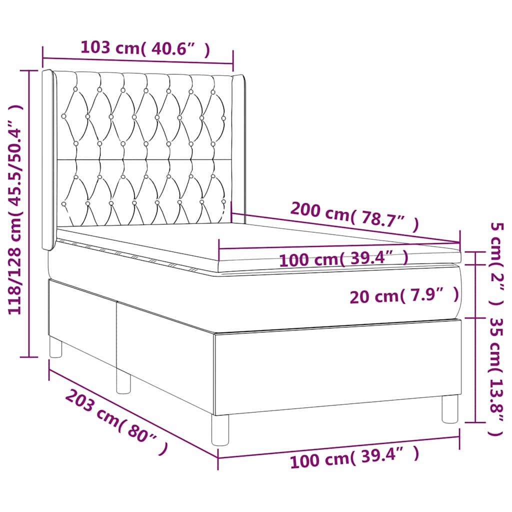 sötétkék bársony rugós és LED-es ágy matraccal 100x200 cm