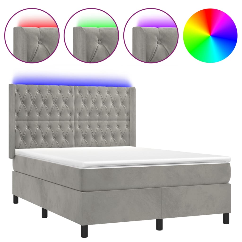világosszürke bársony rugós és LED-es ágy matraccal 140x190 cm