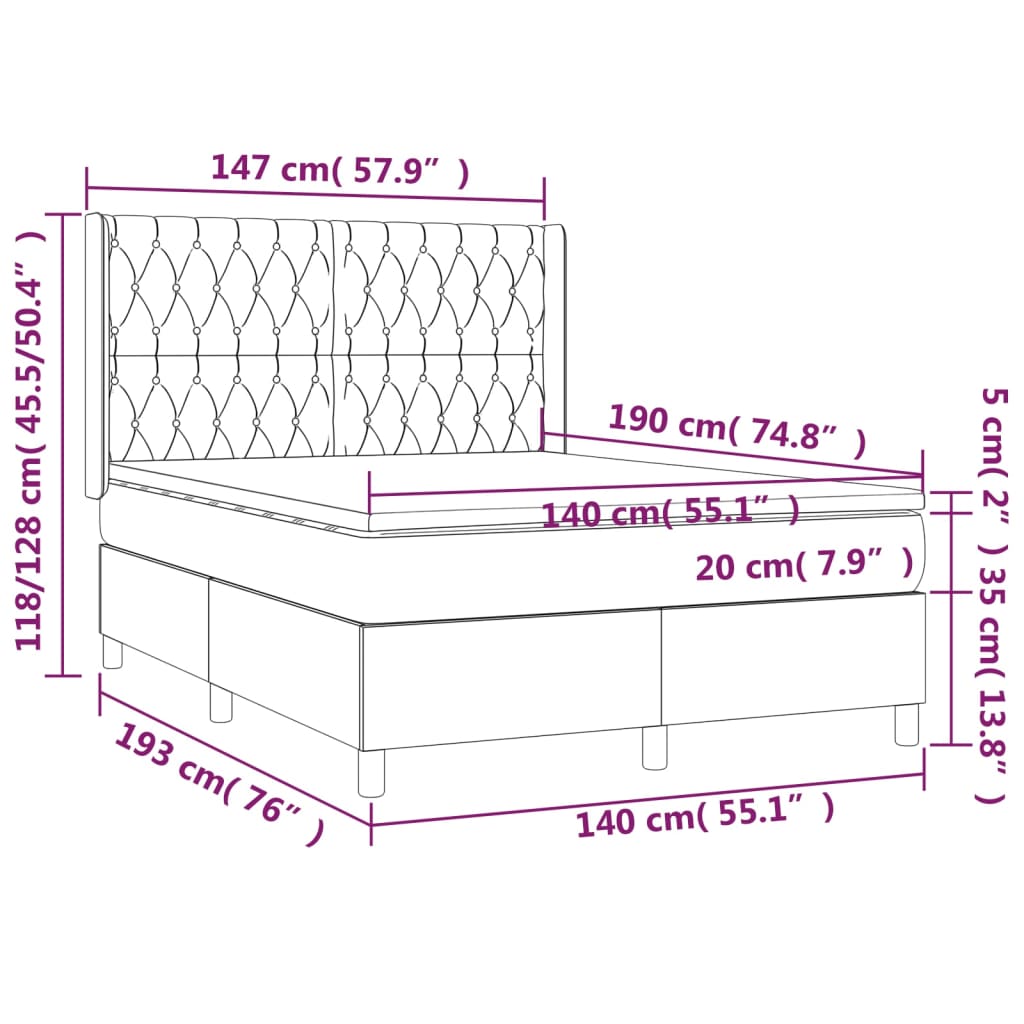 világosszürke bársony rugós és LED-es ágy matraccal 140x190 cm