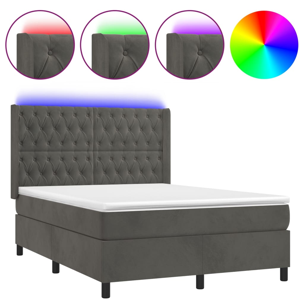 sötétszürke bársony rugós és LED-es ágy matraccal 140x190 cm