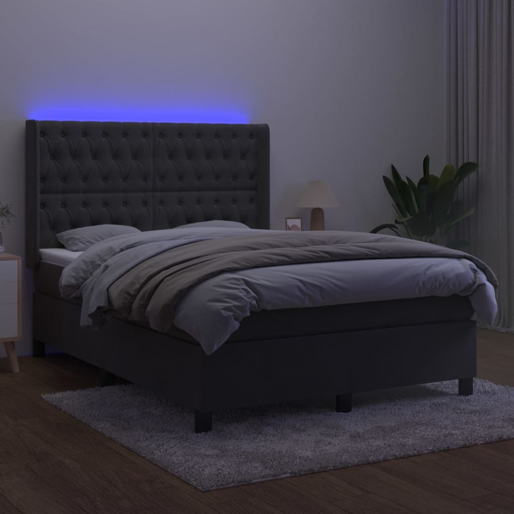 sötétszürke bársony rugós és LED-es ágy matraccal 140x190 cm