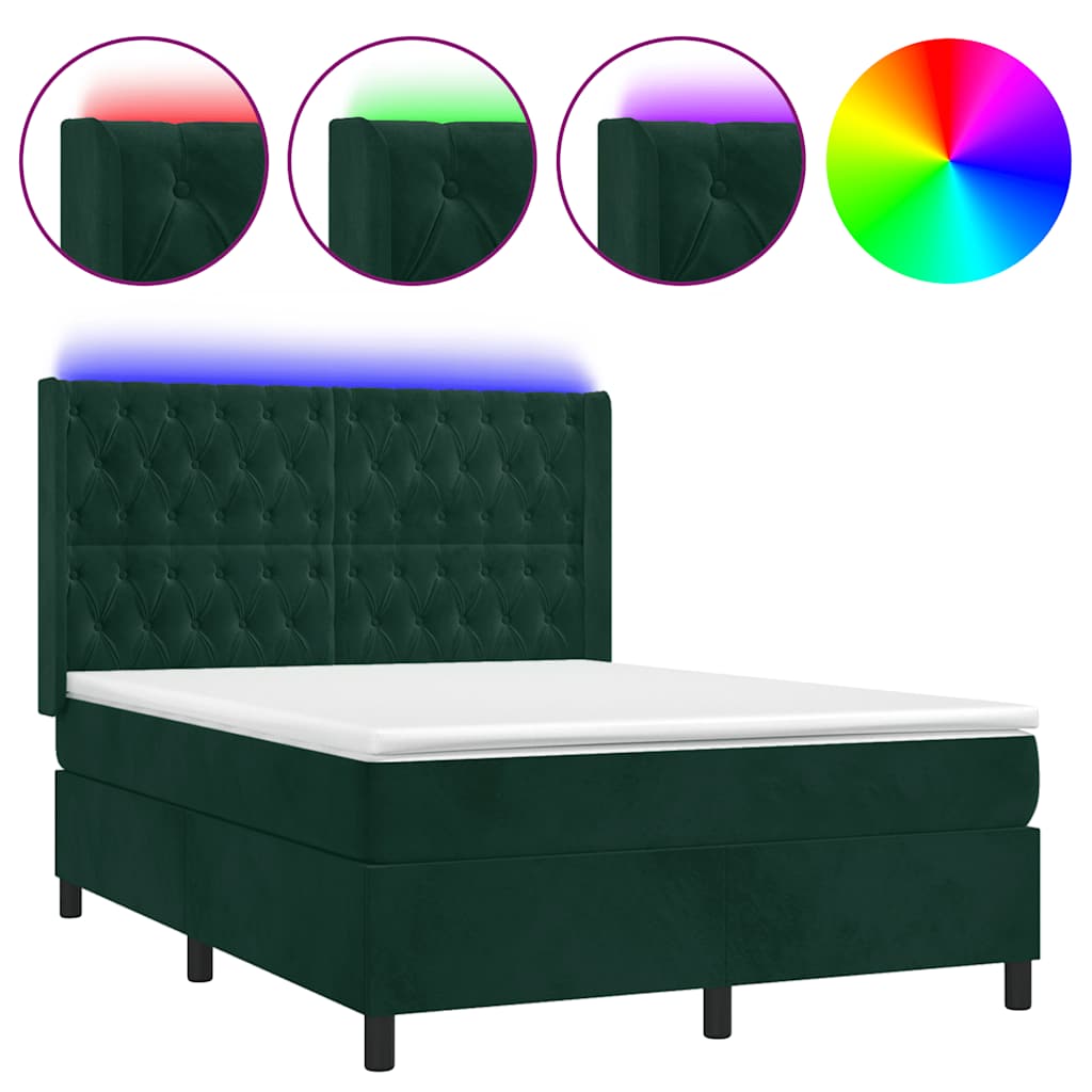 sötétzöld bársony rugós és LED-es ágy matraccal 140x190 cm