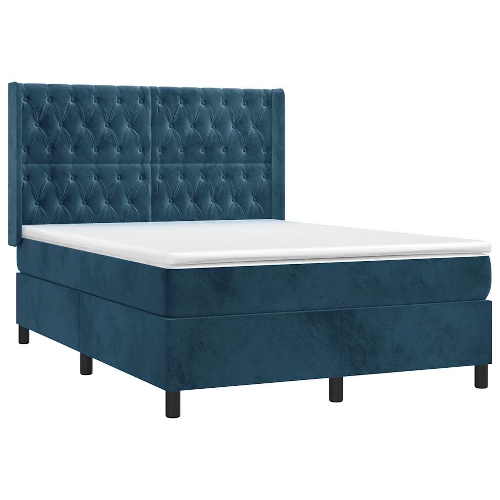sötétkék bársony rugós és LED-es ágy matraccal 140x190 cm