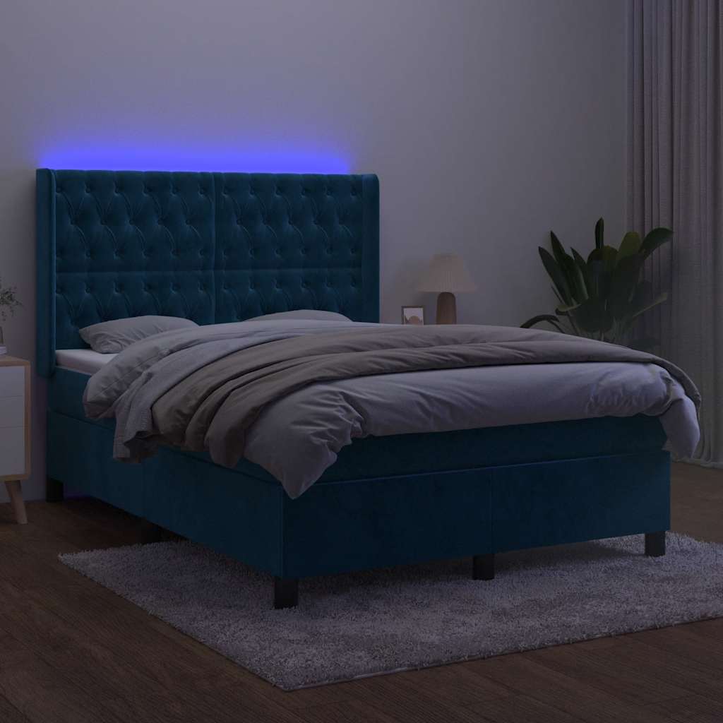 sötétkék bársony rugós és LED-es ágy matraccal 140x190 cm