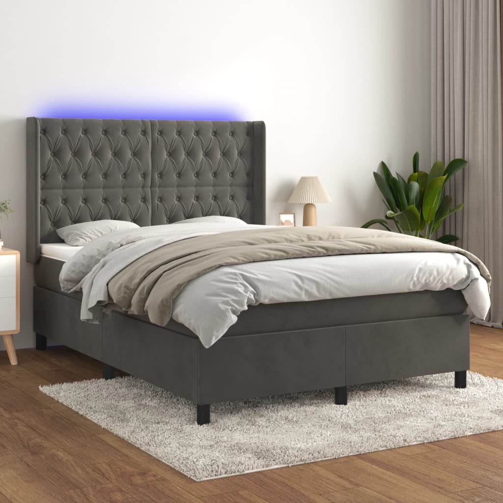 sötétszürke bársony rugós és LED-es ágy matraccal 140x200 cm