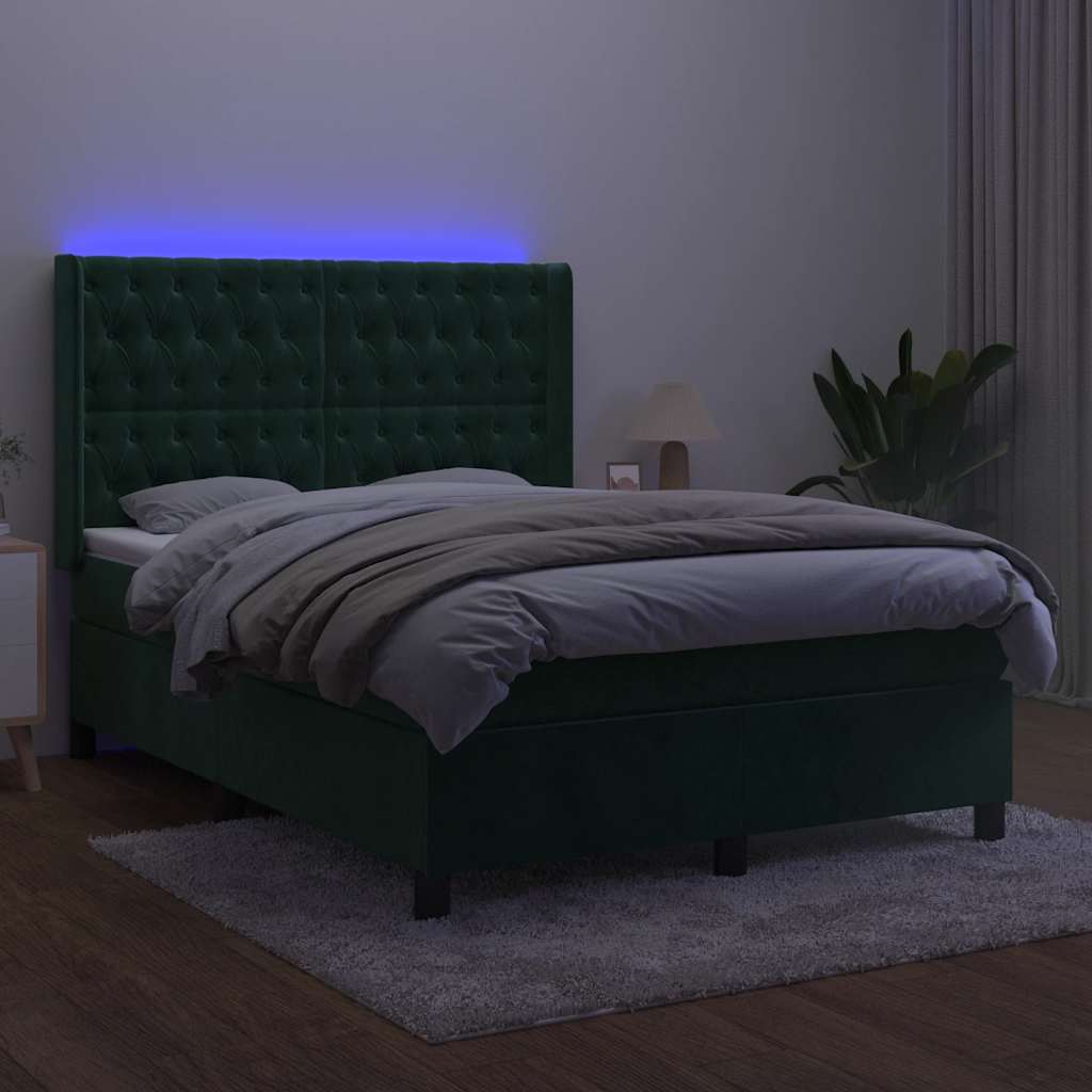 sötétzöld bársony rugós és LED-es ágy matraccal 140x200 cm