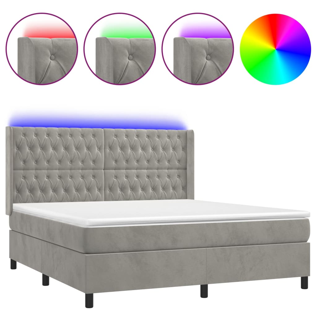 világosszürke bársony rugós és LED-es ágy matraccal 160x200 cm
