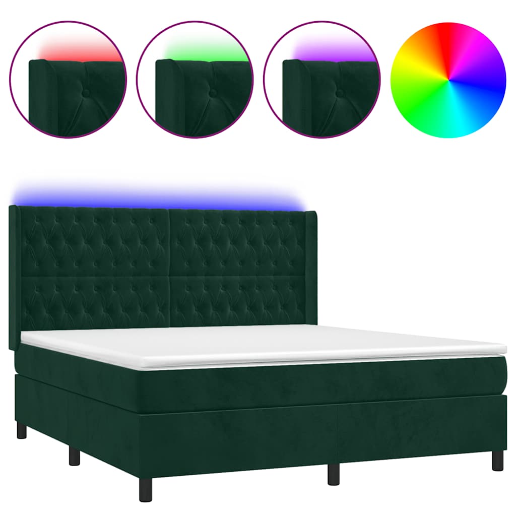 sötétzöld bársony rugós és LED-es ágy matraccal 160x200 cm