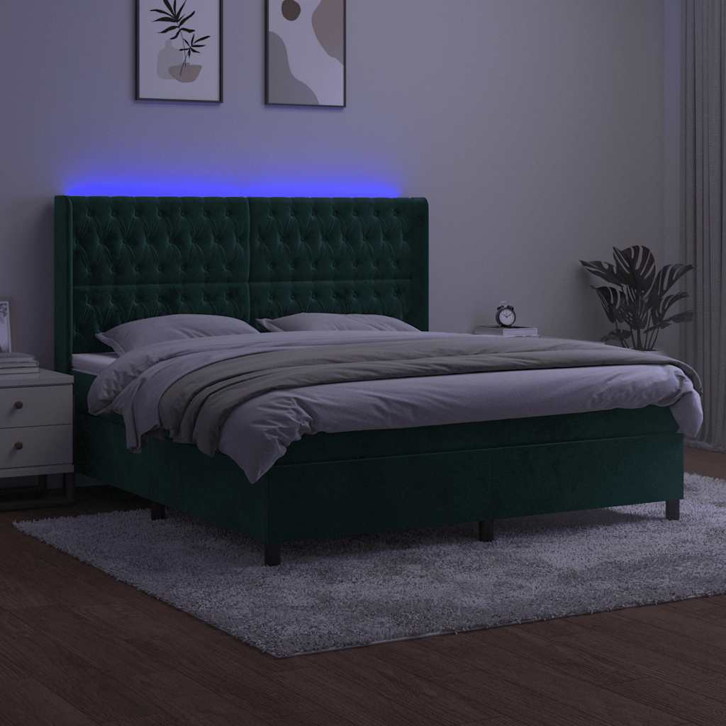 sötétzöld bársony rugós és LED-es ágy matraccal 160x200 cm