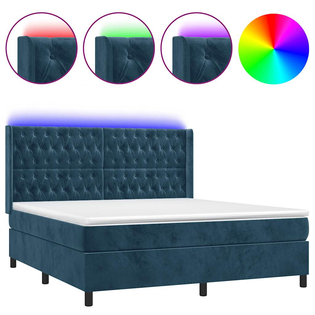 sötétkék bársony rugós és LED-es ágy matraccal 160x200 cm