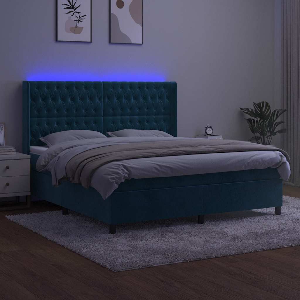 sötétkék bársony rugós és LED-es ágy matraccal 160x200 cm