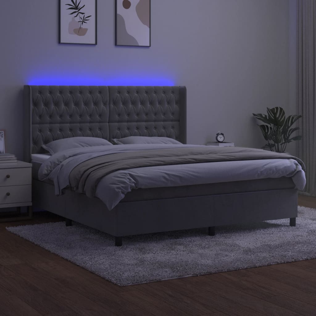 világosszürke bársony rugós és LED-es ágy matraccal 180x200 cm