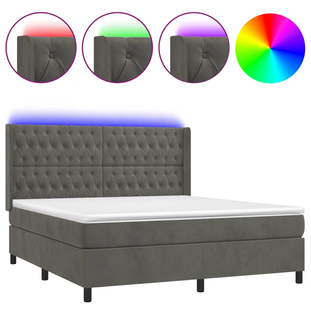 sötétszürke bársony rugós és LED-es ágy matraccal 180x200 cm