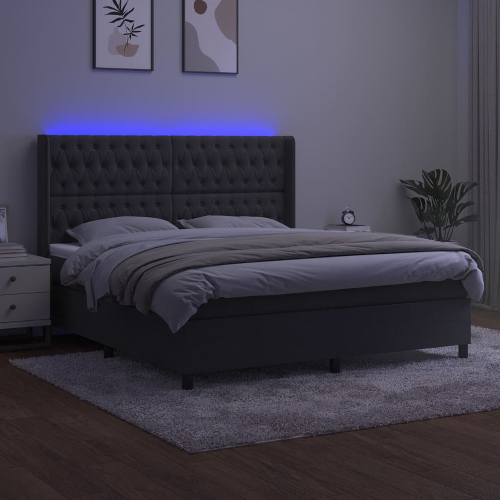 sötétszürke bársony rugós és LED-es ágy matraccal 180x200 cm