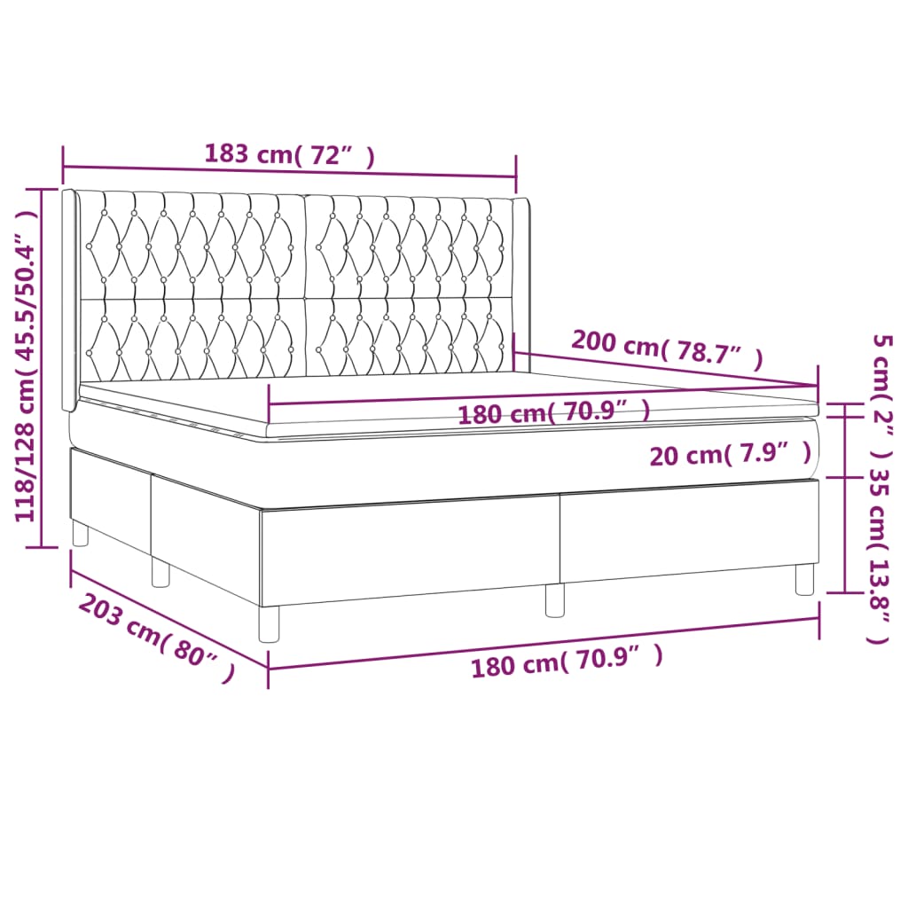 sötétszürke bársony rugós és LED-es ágy matraccal 180x200 cm