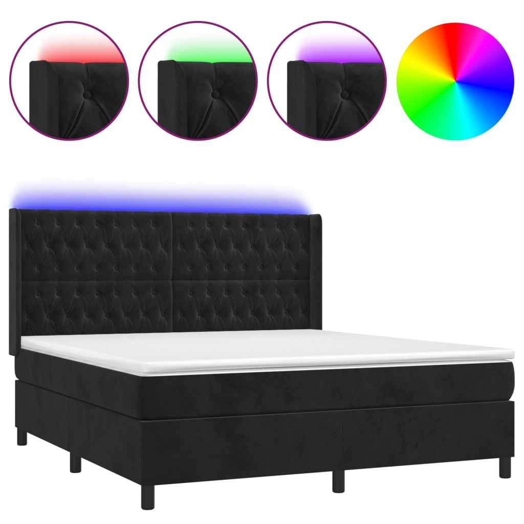 fekete bársony rugós és LED-es ágy matraccal 180x200 cm