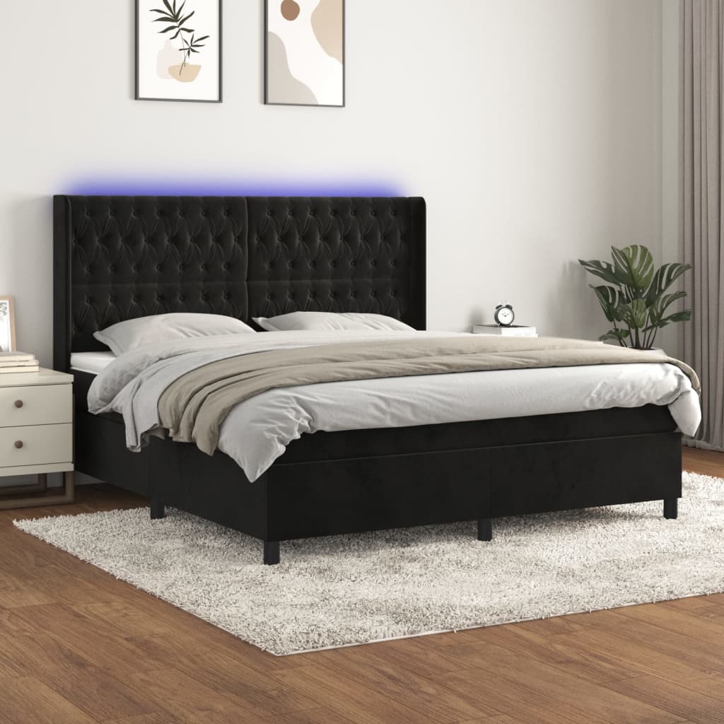 fekete bársony rugós és LED-es ágy matraccal 180x200 cm