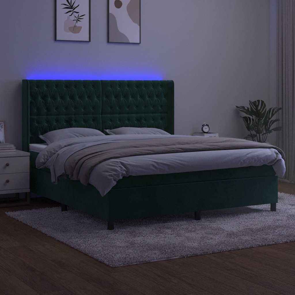 sötétzöld bársony rugós és LED-es ágy matraccal 180x200 cm