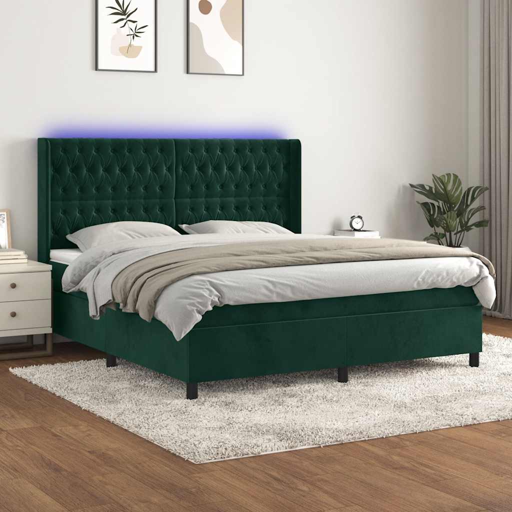 sötétzöld bársony rugós és LED-es ágy matraccal 180x200 cm