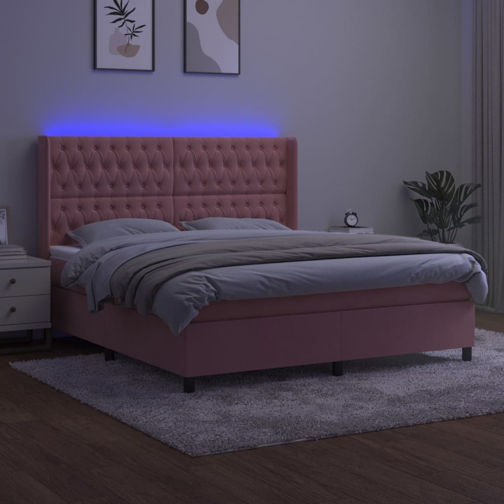rózsaszín bársony rugós és LED-es ágy matraccal 180x200 cm