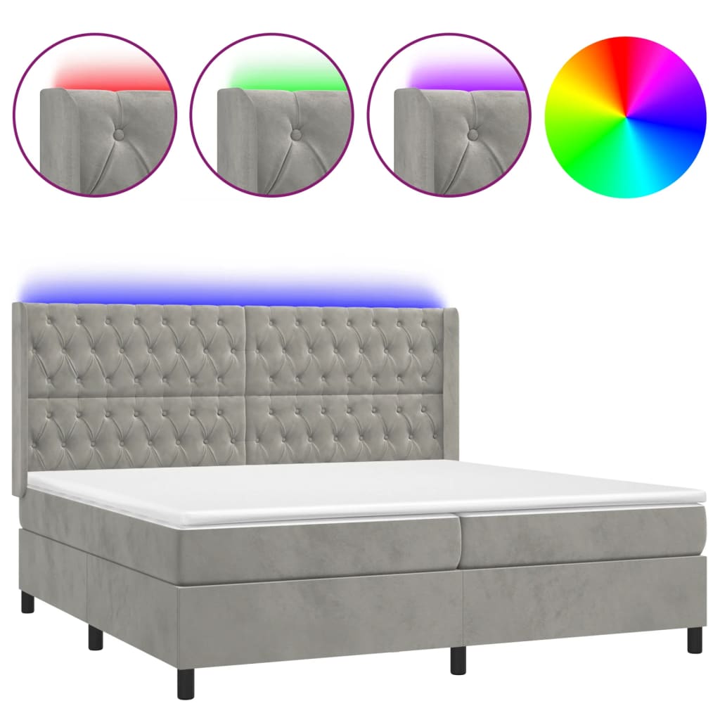 világosszürke bársony rugós és LED-es ágy matraccal 200x200 cm