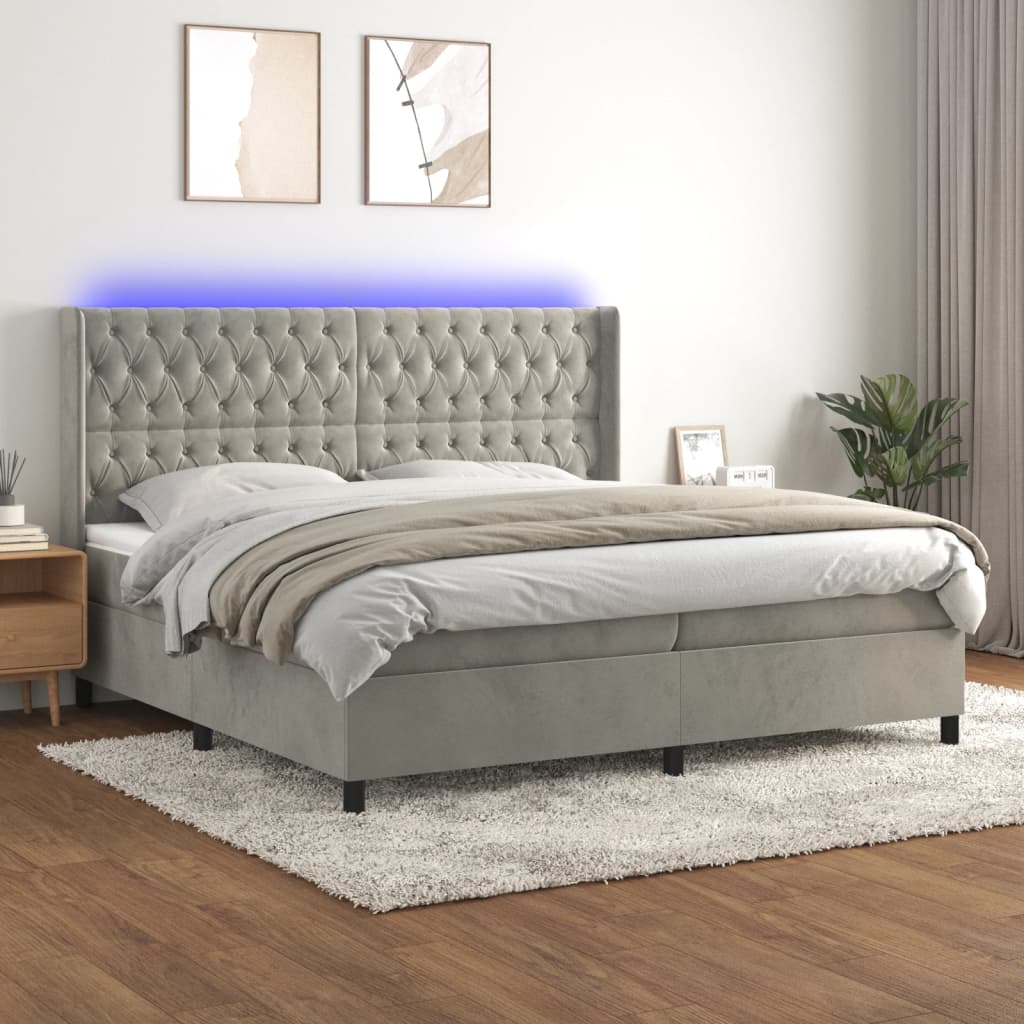világosszürke bársony rugós és LED-es ágy matraccal 200x200 cm