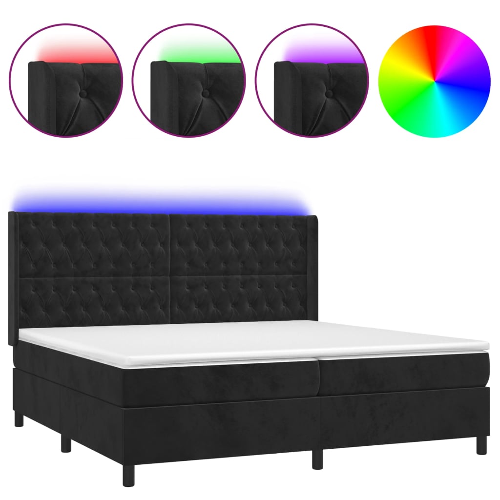 fekete bársony rugós és LED-es ágy matraccal 200x200 cm