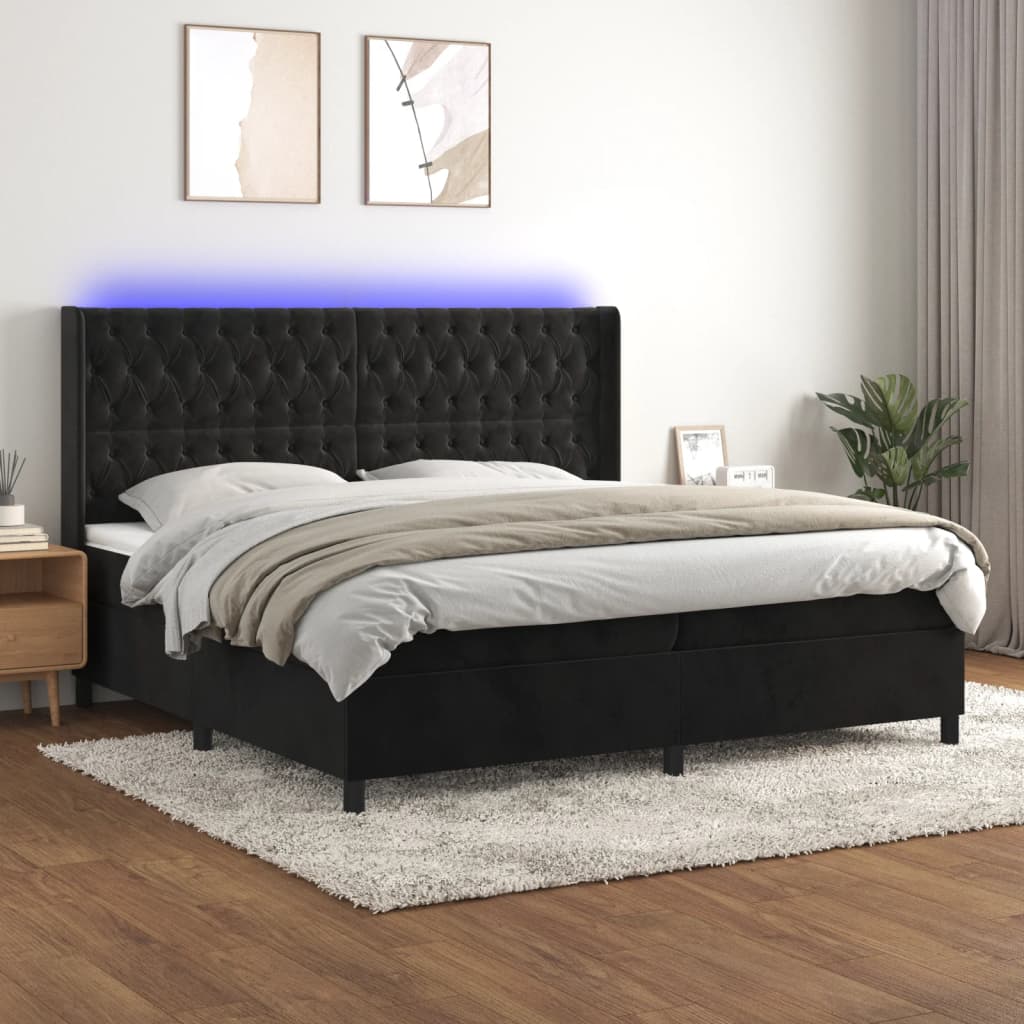 fekete bársony rugós és LED-es ágy matraccal 200x200 cm