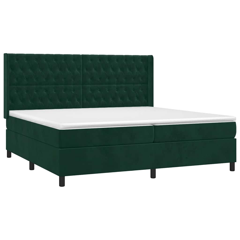 sötétzöld bársony rugós és LED-es ágy matraccal 200x200 cm