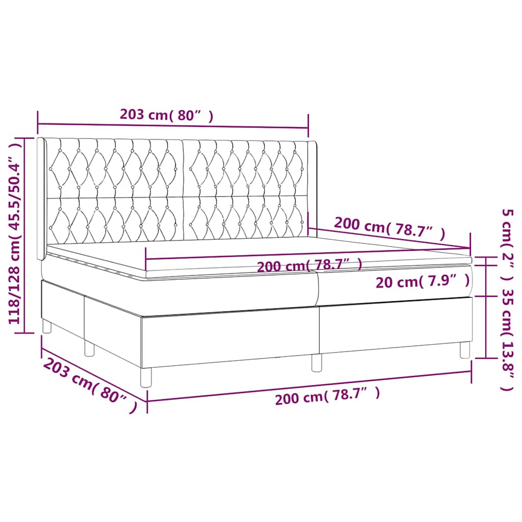 sötétkék bársony rugós és LED-es ágy matraccal 200x200 cm
