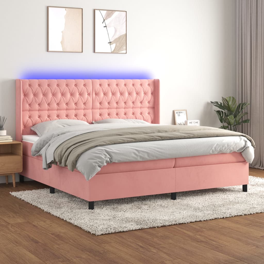 rózsaszín bársony rugós és LED-es ágy matraccal 200x200 cm