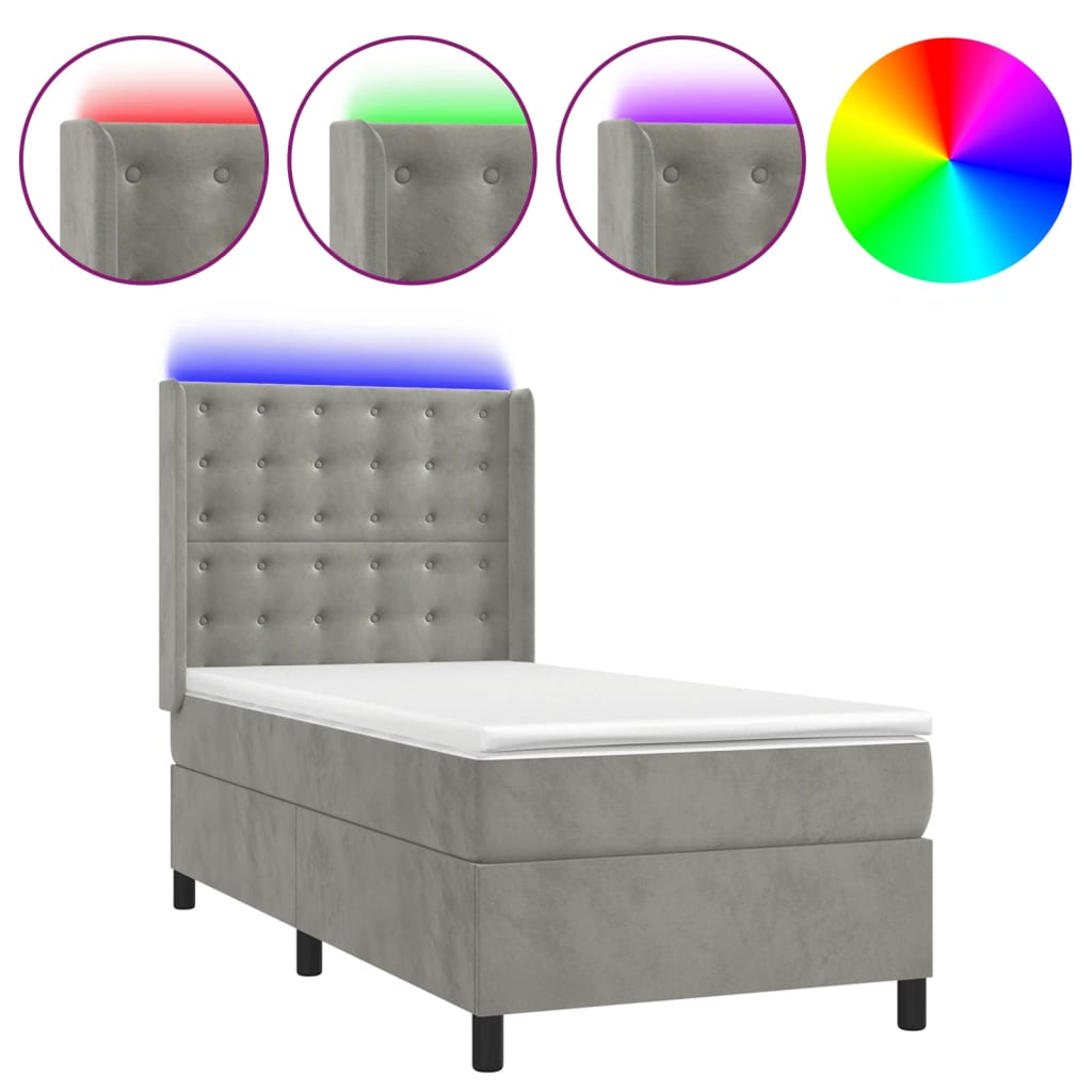 világosszürke bársony rugós és LED-es ágy matraccal 80 x 200 cm