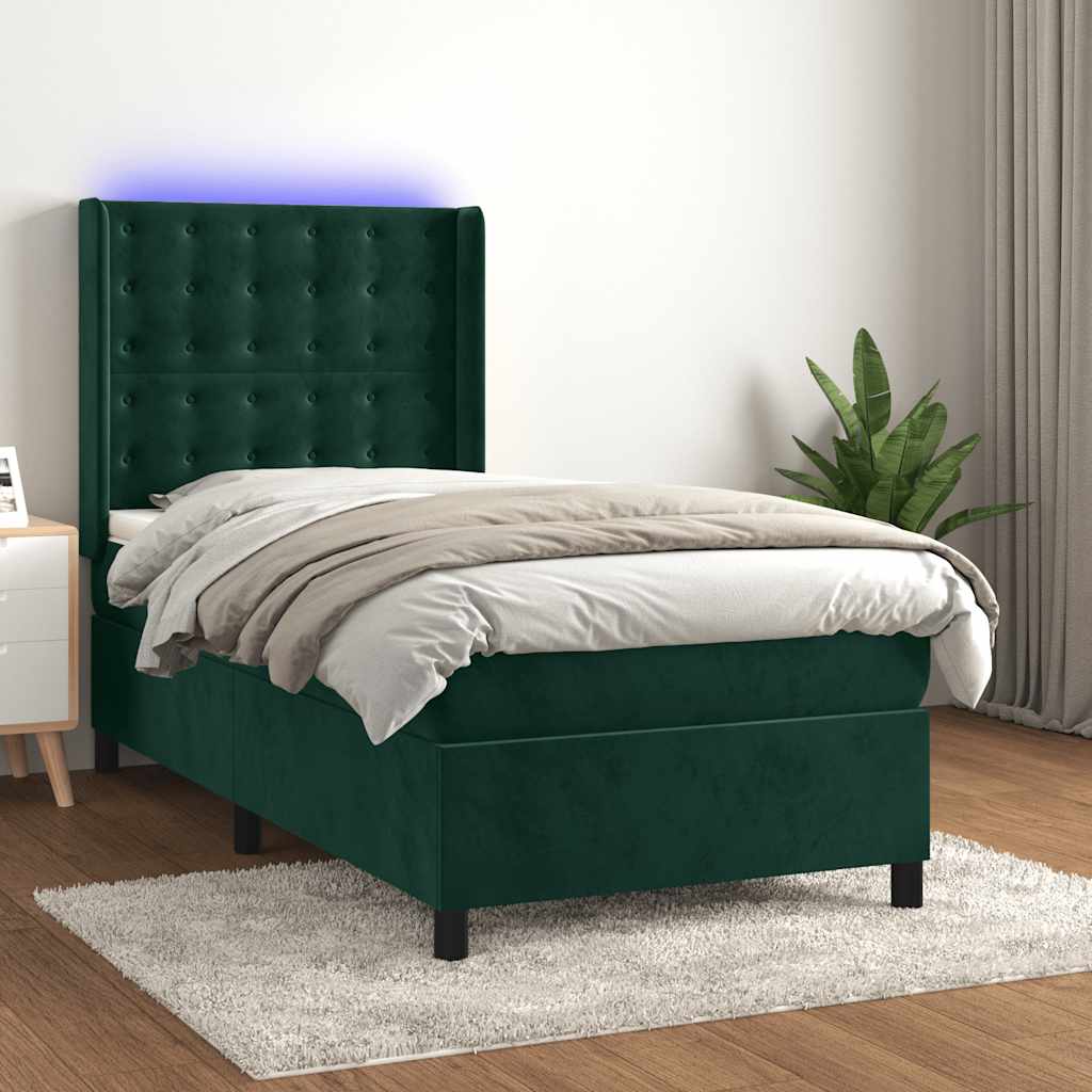 sötétzöld bársony rugós és LED-es ágy matraccal 80 x 200 cm