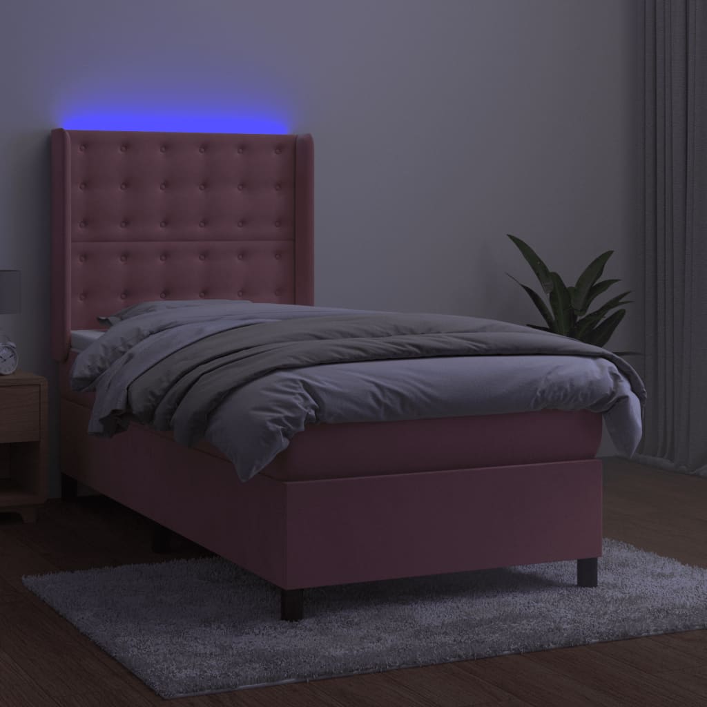 rózsaszín bársony rugós és LED-es ágy matraccal 80 x 200 cm