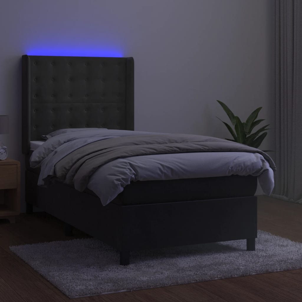 sötétszürke bársony rugós és LED-es ágy matraccal 90x190 cm