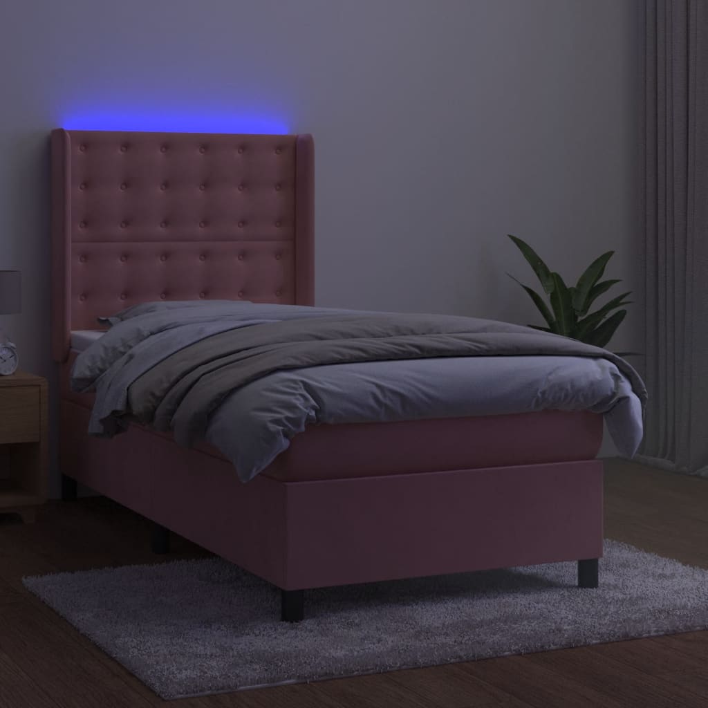 rózsaszín bársony rugós és LED-es ágy matraccal 90x190 cm