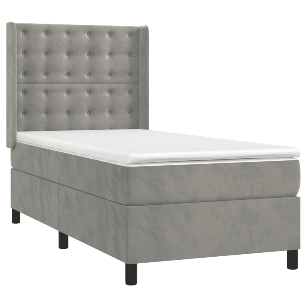 világosszürke bársony rugós és LED-es ágy matraccal 90x200 cm