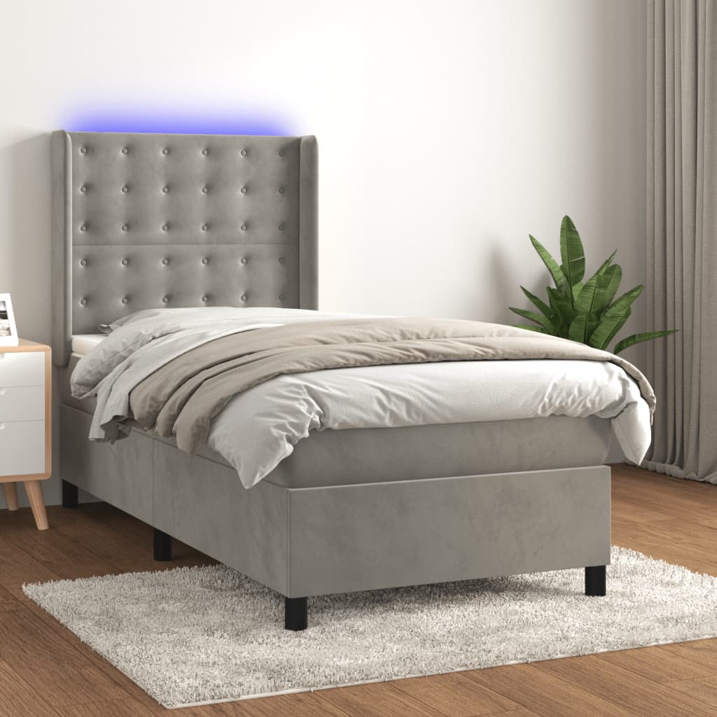 világosszürke bársony rugós és LED-es ágy matraccal 90x200 cm