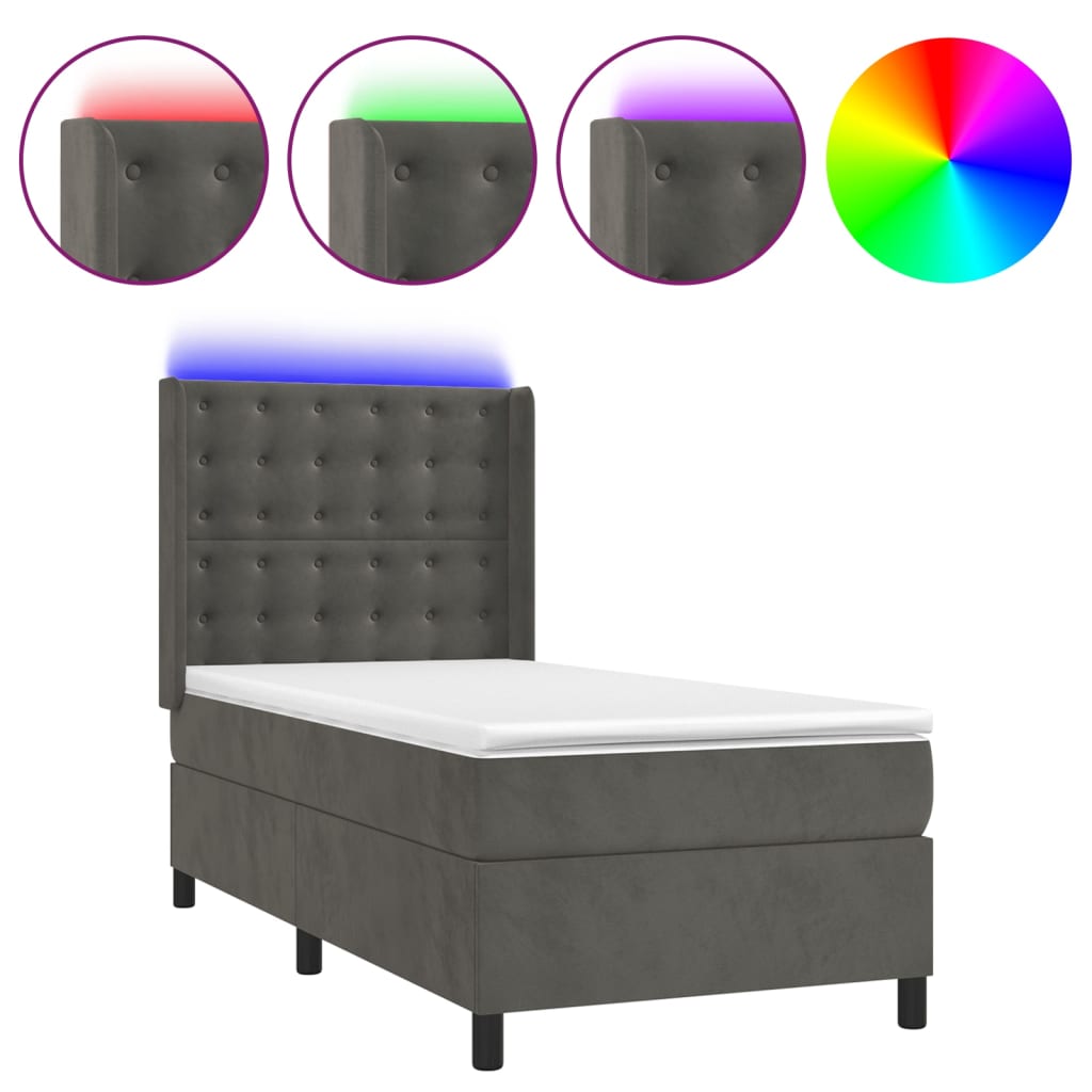 sötétszürke bársony rugós és LED-es ágy matraccal 90x200 cm