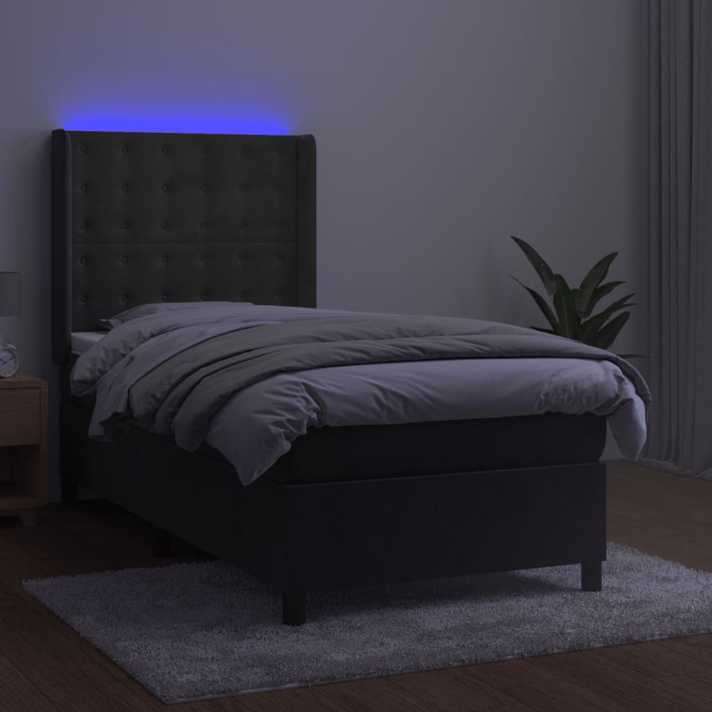 sötétszürke bársony rugós és LED-es ágy matraccal 90x200 cm