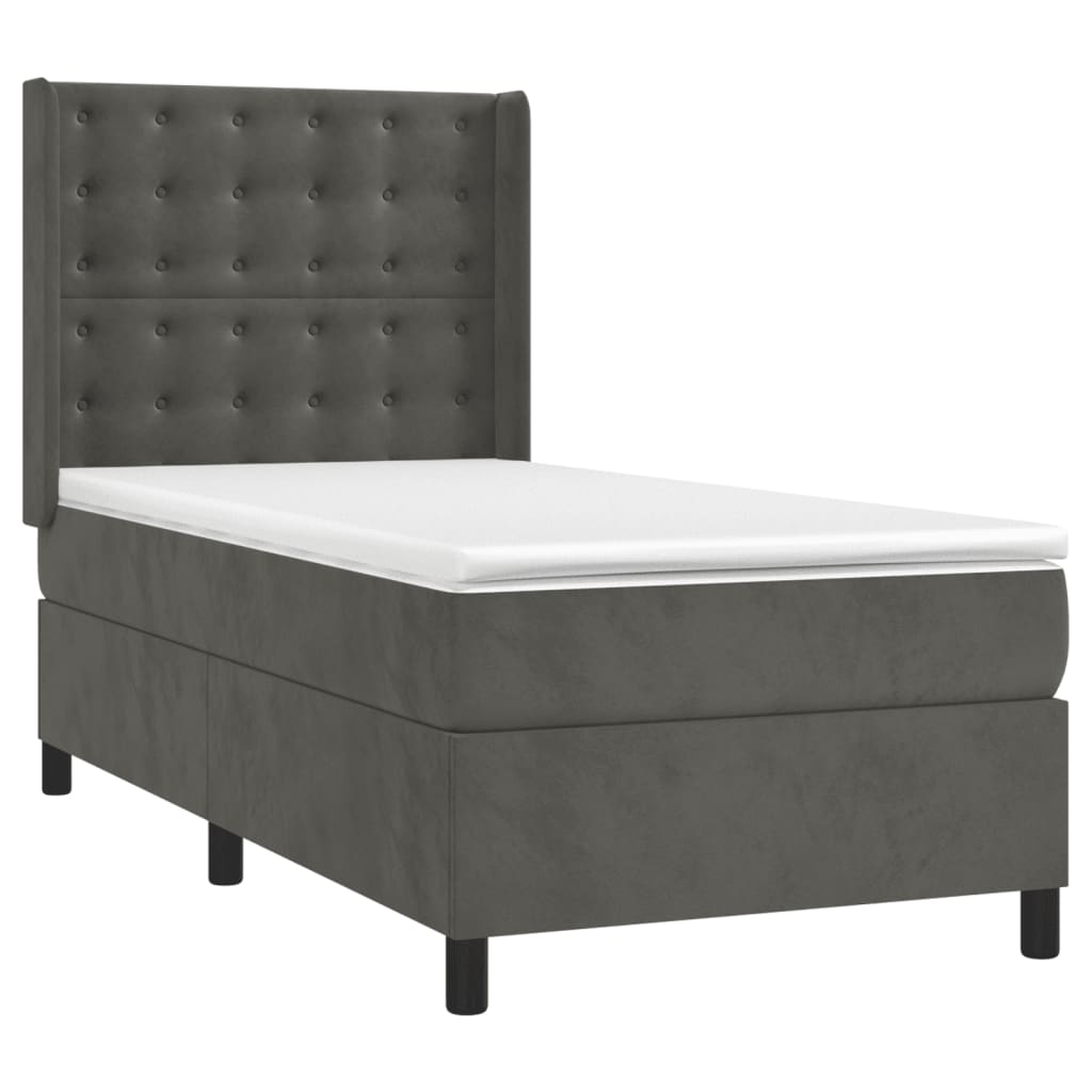 sötétszürke bársony rugós és LED-es ágy matraccal 90x200 cm