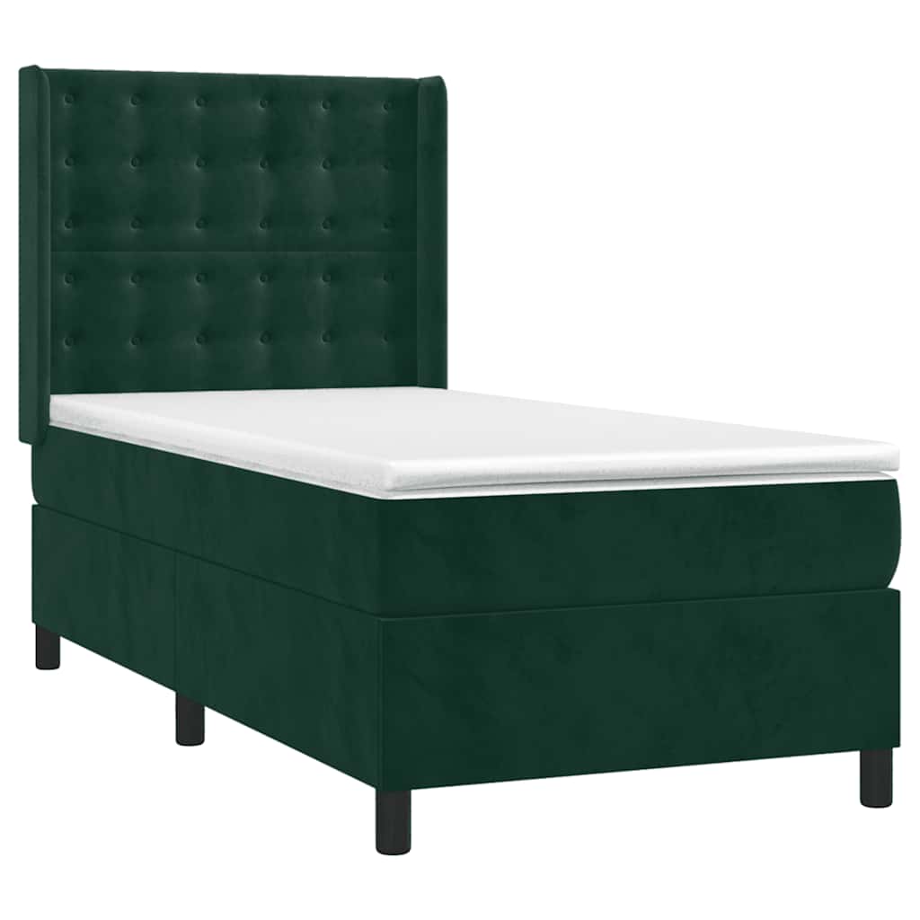 sötétzöld bársony rugós és LED-es ágy matraccal 90x200 cm