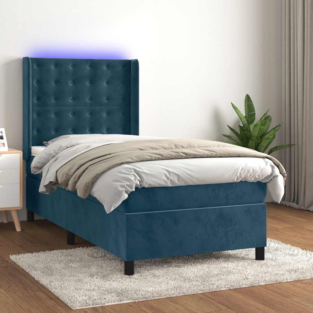 sötétkék bársony rugós és LED-es ágy matraccal 90x200 cm