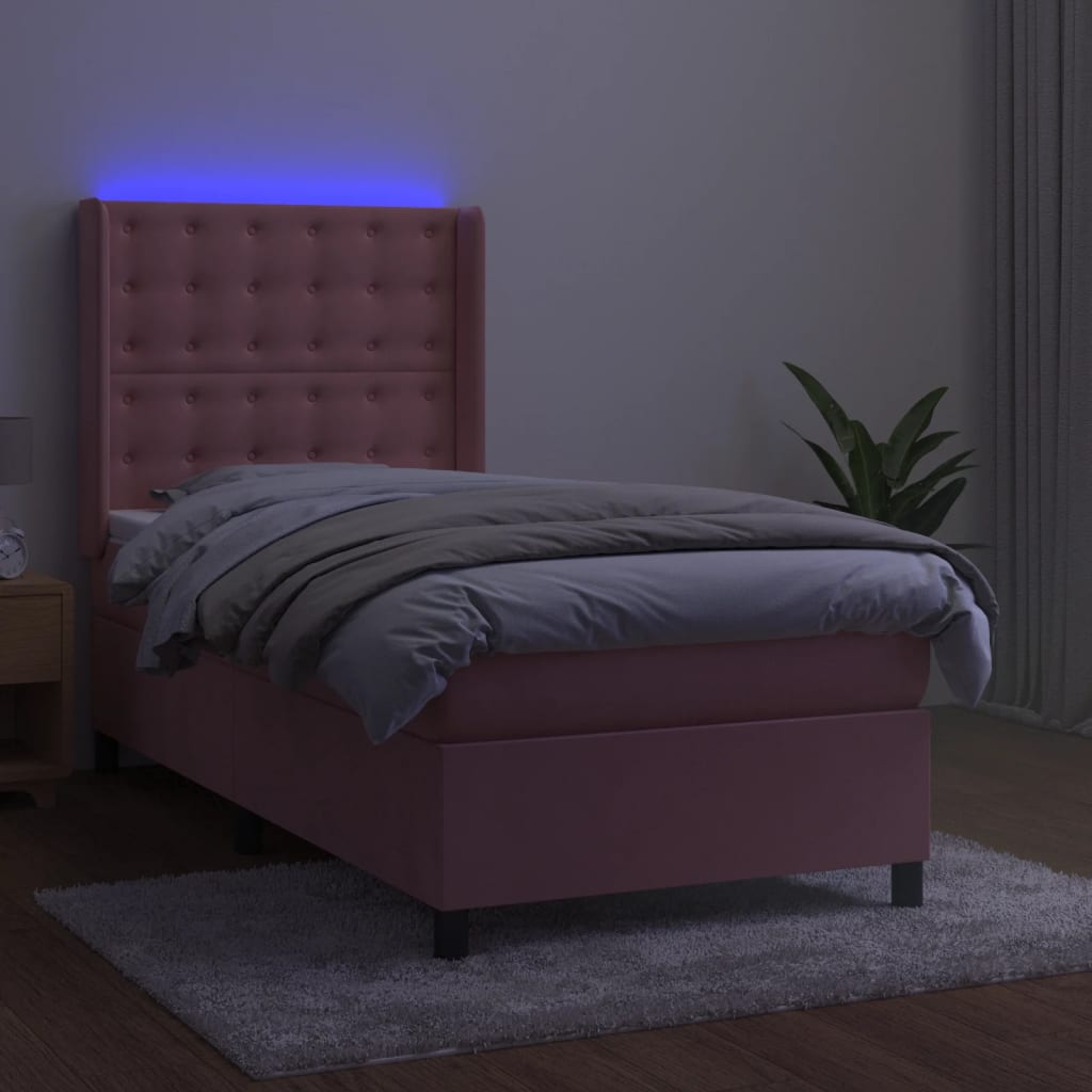 rózsaszín bársony rugós és LED-es ágy matraccal 90x200 cm