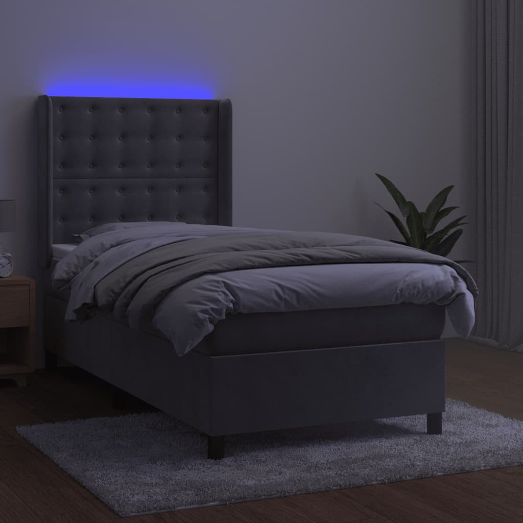 világosszürke bársony rugós és LED-es ágy matraccal 100x200 cm