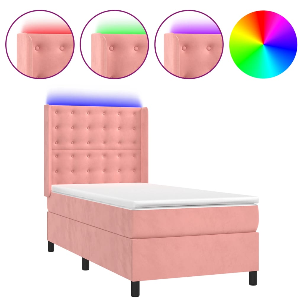 rózsaszín bársony rugós és LED-es ágy matraccal 100x200 cm