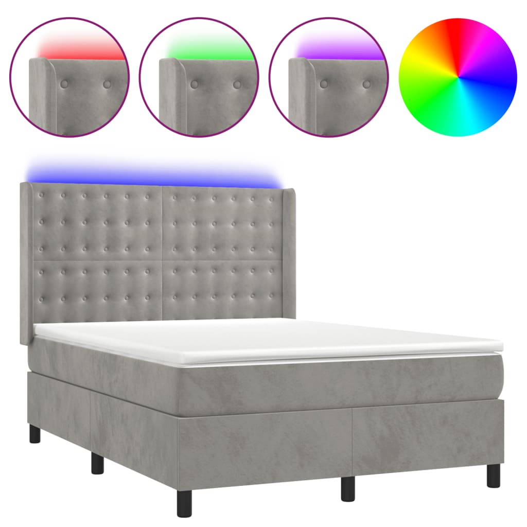 világosszürke bársony rugós és LED-es ágy matraccal 140x190 cm