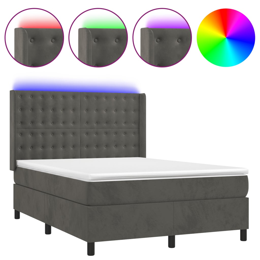 sötétszürke bársony rugós és LED-es ágy matraccal 140x190 cm